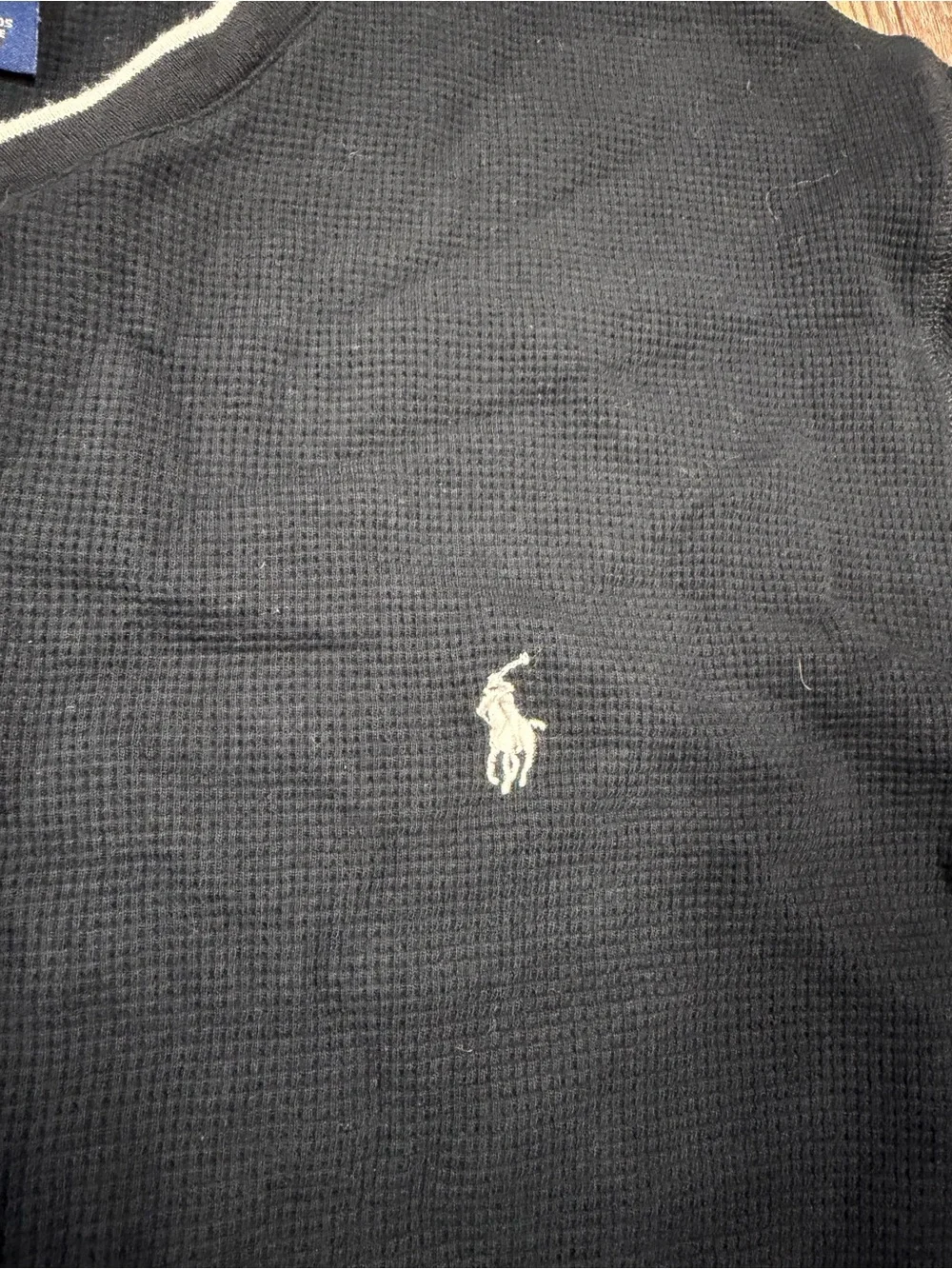 Polo Ralph Lauren black cotton thermal long sleeve shirt with white trim, size L